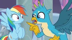 Size: 1920x1080 | Tagged: safe, screencap, gallus, rainbow dash, griffon, g4, school daze, claws, cutie mark, discovery family logo, duo, female, flying, male, mare, pointing, raised eyebrow, smiling, talons, teacher and student