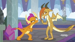 Size: 1920x1080 | Tagged: safe, screencap, ocellus, smolder, changedling, changeling, dragon, g4, school daze, claws, crossed arms, discovery family logo, disguise, disguised changeling, dragon ocellus, dragoness, duo, faic, female, folded wings, horns, looking away, raised eyebrow, school of friendship, shy, spread wings, suspicious, teenaged dragon, teenager, toes, wings