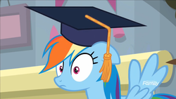 Size: 1920x1080 | Tagged: safe, screencap, rainbow dash, pegasus, pony, g4, school daze, cute, dashabetes, discovery family logo, egghead, egghead dash, female, graduation cap, hat, mare, professor egghead, solo, surprised