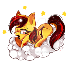 Size: 600x562 | Tagged: safe, artist:ipun, oc, oc only, oc:firestar, pegasus, pony, cloud, female, heart eyes, mare, prone, simple background, solo, transparent background, watermark, wingding eyes, yawn