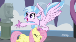 Size: 1920x1080 | Tagged: safe, screencap, fluttershy, silverstream, classical hippogriff, hippogriff, pegasus, pony, g4, school daze, diastreamies, discovery family logo, duo, eyes closed, jewelry, necklace