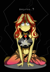 Size: 2098x2977 | Tagged: safe, artist:traupa, sunset shimmer, anthro, equestria girls, equestria girls specials, g4, my little pony equestria girls: better together, my little pony equestria girls: forgotten friendship, belly button, black background, breasts, busty sunset shimmer, clothes, female, high res, horn, looking at you, midriff, sad, sarong, simple background, solo, swimsuit