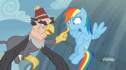 Size: 1656x923 | Tagged: safe, screencap, grampa gruff, rainbow dash, griffon, pony, g4, my little pony: friendship is magic, school daze, discovery family, discovery family logo, fez, hat, logo