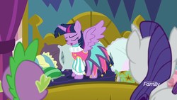 Size: 1920x1080 | Tagged: safe, screencap, rarity, spike, twilight sparkle, alicorn, dragon, pony, g4, school daze, and then there's rarity, clothes, discovery family logo, jester dress, outfit catalog, twilight sparkle (alicorn)