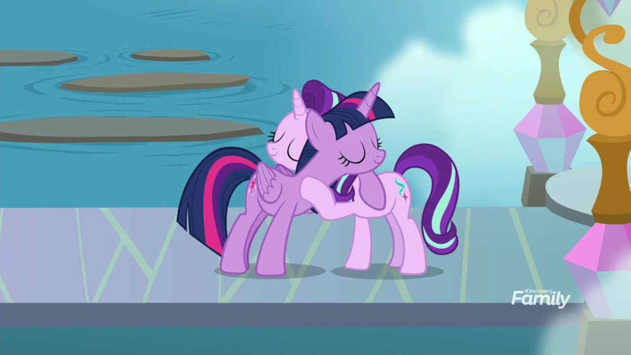 1689127 - safe, screencap, starlight glimmer, twilight sparkle, alicorn,  pony, unicorn, school daze, discovery family logo, duo, duo female, female,  hug, twilight sparkle (alicorn) - Derpibooru