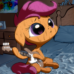 Size: 3000x3000 | Tagged: safe, artist:itsalwayspony, scootaloo, pony, g4, artception, bass guitar, female, guitar, high res, musical instrument, sad, scootabass, solo