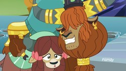 Size: 1920x1080 | Tagged: safe, screencap, prince rutherford, yona, yak, g4, school daze, cloven hooves, crown, discovery family logo, duo, ear piercing, earring, female, grin, horn, horn ring, jewelry, male, monkey swings, piercing, regalia, smiling
