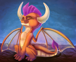 Size: 2000x1624 | Tagged: safe, artist:discorded, smolder, dragon, g4, school daze, claws, cute, dragon wings, dragoness, eyes closed, fangs, female, happy, horns, sitting, smolderbetes, solo, spread wings, transparent wings, wings