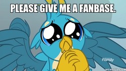 Size: 600x337 | Tagged: safe, edit, edited screencap, screencap, gallus, griffon, g4, school daze, :<, bronybait, cute, discovery family logo, eye shimmer, floppy ears, frown, gallabetes, gallove, hnnng, image macro, it happened, looking at you, male, meme, memeful.com, puppy dog eyes, puppy-eyed gallus, sad, sad face, solo, spread wings, wings, wish granted