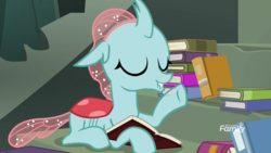 Size: 1920x1080 | Tagged: safe, screencap, ocellus, changedling, changeling, g4, school daze, book, discovery family logo, eyes closed, female, lip bite, raised hoof, solo