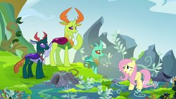 Size: 1920x1080 | Tagged: safe, screencap, cornicle, fluttershy, pharynx, thorax, changedling, changeling, pegasus, pony, g4, school daze, background changeling, changedling brothers, changeling king, discovery family logo, female, king thorax, male, prince pharynx