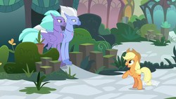 Size: 1920x1080 | Tagged: safe, screencap, applejack, seaspray, sky beak, classical hippogriff, earth pony, hippogriff, pony, g4, school daze, cute, discovery family logo, female, frown, glare, hippogriffia, jackabetes, jewelry, lidded eyes, male, mare, necklace, open mouth, rearing, smiling, unamused