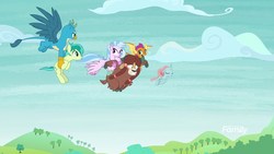Size: 1920x1080 | Tagged: safe, screencap, gallus, ocellus, sandbar, silverstream, smolder, yona, changedling, changeling, classical hippogriff, dragon, earth pony, griffon, hippogriff, pony, yak, g4, school daze, season 8, carrying, discovery family logo, female, flying, jewelry, male, necklace, stallion, student six