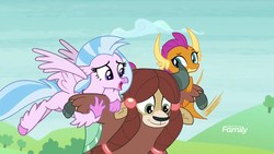 Size: 1920x1080 | Tagged: safe, screencap, silverstream, smolder, yona, classical hippogriff, dragon, hippogriff, yak, g4, school daze, carrying, cloven hooves, discovery family logo, female, flying, jewelry, necklace
