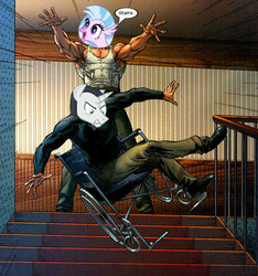 Size: 600x640 | Tagged: safe, chancellor neighsay, silverstream, classical hippogriff, hippogriff, g4, school daze, charles xavier, duo, marvel, meme, mister sinister, one weakness, stairs, that hippogriff sure does love stairs, wheelchair, x-men, ytmnd
