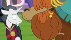 Size: 1920x1080 | Tagged: safe, screencap, chancellor neighsay, prince rutherford, pony, unicorn, yak, g4, school daze, discovery family logo, duo, ear piercing, earring, horn, horn ring, jewelry, male, piercing, shout, stallion