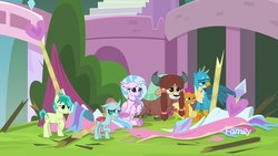 Size: 1920x1080 | Tagged: safe, screencap, gallus, ocellus, sandbar, silverstream, smolder, yona, changedling, changeling, classical hippogriff, dragon, earth pony, griffon, hippogriff, pony, yak, g4, school daze, cloven hooves, discovery family logo, female, jewelry, male, necklace, stallion, student six
