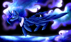 Size: 1700x1000 | Tagged: safe, artist:purediamond360, princess luna, alicorn, pony, g4, curved horn, eyes closed, female, flying, horn, solo, wings