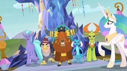 Size: 1366x768 | Tagged: safe, screencap, grampa gruff, prince rutherford, princess celestia, princess ember, seaspray, thorax, alicorn, changedling, changeling, classical hippogriff, dragon, griffon, hippogriff, pony, yak, g4, school daze, angry, blind eye, changeling king, cloven hooves, discovery family, discovery family logo, dragoness, eye scar, female, fez, hat, horn, horn ring, king thorax, logo, raised hoof, scar, twilight's castle