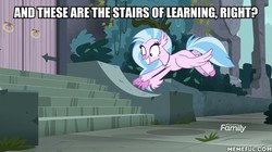 Size: 600x337 | Tagged: safe, edit, edited screencap, screencap, silverstream, classical hippogriff, hippogriff, g4, school daze, discovery family, discovery family logo, female, image macro, jewelry, logo, meme, memeful.com, necklace, new student starfish, solo, spongebob squarepants, stairs, that hippogriff sure does love stairs