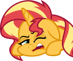 Size: 5000x4214 | Tagged: safe, artist:orin331, sunset shimmer, pony, unicorn, absurd resolution, female, floppy ears, grumpy, mare, one eye closed, prone, sad, simple background, solo, squishy cheeks, sunsad shimmer, transparent background