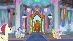 Size: 1920x1080 | Tagged: safe, screencap, citrine spark, prince rutherford, slate sentiments, strawberry scoop, sugar maple, violet twirl, earth pony, pegasus, pony, unicorn, yak, g4, school daze, background pony, bust, cloven hooves, discovery family, discovery family logo, female, friendship student, logo, male, maple leaf, mare, school of friendship, stallion