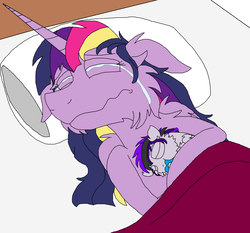 Size: 2600x2424 | Tagged: safe, artist:rosefang16, twilight sparkle, oc, alicorn, pony, g4, baby, baby pony, bed, colt, crying, female, fluffy, high res, male, mother and son, newborn, offspring, pacifier, parent:oc:eclipse, parent:twilight sparkle, parents:canon x oc, sad, twilight sparkle (alicorn)