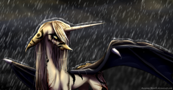 Size: 4500x2339 | Tagged: safe, artist:ravenia-morelli, oc, oc:ravenia morelli, bat wings, ponysona, rain, sad