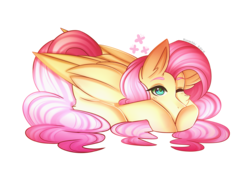 Size: 3500x2485 | Tagged: safe, artist:kurochhi, fluttershy, pegasus, pony, g4, cute, female, high res, mare, one eye closed, prone, shyabetes, simple background, solo, transparent background