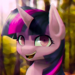 Size: 2600x2600 | Tagged: safe, artist:stardep, twilight sparkle, pony, g4, bust, chromatic aberration, female, high res, looking at you, mare, open mouth, smiling, solo