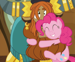 Size: 606x505 | Tagged: safe, screencap, pinkie pie, prince rutherford, earth pony, pony, yak, g4, school daze, animated, derp, duo, ear piercing, earring, female, horn, horn ring, hug, jewelry, male, mare, piercing