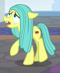 Size: 484x583 | Tagged: safe, screencap, ocellus, changeling, earth pony, pony, school daze, cropped, disguise, disguised changeling, female, pony ocellus, raised hoof, scared, solo
