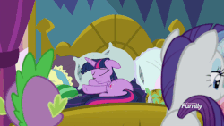 Size: 902x508 | Tagged: safe, screencap, rarity, spike, twilight sparkle, alicorn, dragon, pony, unicorn, g4, school daze, season 8, and then there's rarity, animated, bed, clothes, discovery family, discovery family logo, dress, eyes closed, female, floppy ears, force dressing, frown, instant cosplay surprise, jester dress, logo, magic, magic aura, male, mare, messy mane, prone, ruff (clothing), twilight sparkle (alicorn), wide eyes