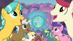 Size: 1920x1080 | Tagged: safe, screencap, berry blend, berry bliss, citrine spark, clever musings, end zone, fire quacker, sugar maple, summer breeze, earth pony, pegasus, pony, unicorn, g4, school daze, background pony, discovery family, discovery family logo, female, friendship student, hair bun, logo, male, mare, school of friendship, stallion