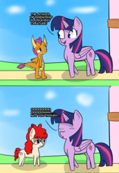 Size: 2243x3251 | Tagged: safe, artist:artiks, smolder, twilight sparkle, twist, alicorn, dragon, earth pony, pony, g4, school daze, 2 panel comic, claws, comic, cutie mark, dragon wings, dragoness, eyes closed, fangs, female, filly, foal, glasses, high res, hooves, horn, horns, mare, open mouth, twilight sparkle (alicorn), twist is worst pony, wings