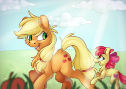 Size: 7016x4961 | Tagged: safe, artist:cutepencilcase, apple bloom, applejack, earth pony, pony, g4, absurd resolution, apple siblings, chest fluff, duo, duo female, female, filly, mare, running, scenery, sisters, smiling