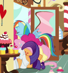 Size: 472x506 | Tagged: safe, screencap, applejack, fluttershy, pinkie pie, rainbow dash, rarity, earth pony, pegasus, pony, unicorn, g4, school daze, animated, bucking, butt, buttstuck, cropped, cupcake, dialogue, door, female, food, hoofy-kicks, horses doing horse things, mare, out of context, plot, silly, silly pony, stuck, sugarcube corner, tail, wat