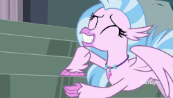Size: 902x508 | Tagged: safe, screencap, silverstream, classical hippogriff, hippogriff, g4, school daze, animated, cute, diastreamies, discovery family, discovery family logo, female, flying, jewelry, logo, necklace, rubbing, solo, stair worship, stairs, that hippogriff sure does love stairs