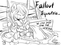 Size: 1024x768 | Tagged: safe, artist:silver ring, oc, oc only, earth pony, pony, zebra, fallout equestria, assault rifle, black and white, crying, duo, eyes closed, fallout, female, grayscale, gun, machete, male, mare, monochrome, rifle, stallion, wasteland, weapon, zebra oc