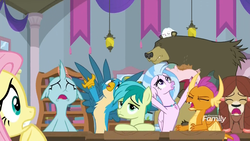 Size: 1920x1080 | Tagged: safe, screencap, angel bunny, fluttershy, gallus, harry, ocellus, sandbar, silverstream, smolder, yona, bear, changedling, changeling, classical hippogriff, dragon, earth pony, griffon, hippogriff, pegasus, pig, pony, squirrel, yak, g4, school daze, bored, classroom, desk, discovery family, discovery family logo, female, jewelry, logo, male, necklace, school of friendship, sleeping, stallion, student six