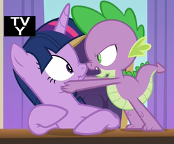 Size: 1179x981 | Tagged: safe, screencap, spike, twilight sparkle, alicorn, dragon, pony, g4, school daze, boop, cropped, duo, eye contact, female, looking at each other, male, mare, nose wrinkle, scrunchy face, tv rating, tv-y, twilight sparkle (alicorn)