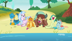Size: 1920x1080 | Tagged: safe, screencap, gallus, ocellus, sandbar, silverstream, smolder, yona, changedling, changeling, classical hippogriff, dragon, earth pony, griffon, hippogriff, pony, yak, g4, school daze, beach, cloven hooves, discovery family, discovery family logo, female, jewelry, lake, laughing, logo, male, necklace, saddle lake, sitting, stallion, student six