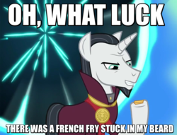 Size: 943x720 | Tagged: safe, edit, edited screencap, screencap, chancellor neighsay, pony, unicorn, g4, school daze, bad edit, food, french fries, image macro, male, maurice lamarche, meme, orson welles, portal, smiling, solo, the critic, voice actor joke, when he smiles