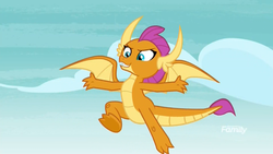 Size: 1920x1080 | Tagged: safe, screencap, smolder, dragon, g4, school daze, arms wide open, claws, cloud, discovery family, discovery family logo, dragoness, fangs, female, flying, grin, horns, logo, looking down, sky, smiling, solo, spread arms, spread toes, spread wings, teenaged dragon, teenager, toes, underfoot, wings