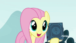 Size: 902x508 | Tagged: safe, screencap, fluttershy, pony, pukwudgie, g4, school daze, season 8, animated, book, book abuse, discovery family, discovery family logo, eea rulebook, female, fluttershy throwing things, logo, my leg, ouch, spongebob squarepants, throwing