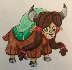 Size: 2692x2606 | Tagged: safe, artist:bozzerkazooers, yona, yak, g4, school daze, season 8, cloven hooves, colored pencil drawing, female, high res, simple background, solo, standing, traditional art, white background