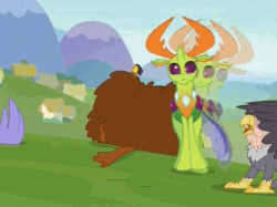 Size: 882x660 | Tagged: safe, screencap, grampa gruff, prince rutherford, seaspray, thorax, changedling, changeling, griffon, hippogriff, yak, g4, school daze, animated, behaving like a goat, changeling king, cloven hooves, cross-eyed, derp, dropping thorax, eye scar, fainting goat, falling, falling over, fez, frown, gif, hat, king thorax, knocked out, majestic as fuck, male, on back, on side, open mouth, scar, spread wings, stiff, wat, wavy mouth, wide eyes, wings