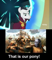 Size: 1279x1471 | Tagged: safe, edit, edited screencap, screencap, chancellor neighsay, pony, tau, unicorn, g4, school daze, season 8, critical research failure, discovery family, discovery family logo, logo, meme, portal, tau empire, that's my pony, that's my x, warhammer (game), warhammer 40k, xv8 crisis battlesuit