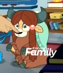 Size: 472x546 | Tagged: safe, edit, edited screencap, screencap, gallus, yona, g4, school daze, boop, boop edit, discovery family, discovery family logo, finger, hand, logo, offscreen character