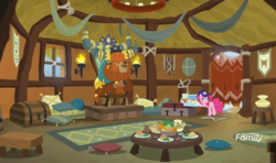 Size: 1589x943 | Tagged: safe, screencap, pinkie pie, prince rutherford, earth pony, pony, yak, g4, school daze, baseball cap, cap, cloven hooves, cupcake, delivery, discovery family, discovery family logo, duo, female, food, hat, logo, mare, throne, throne room, yakyakistan
